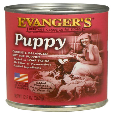 Puppy food can label with vintage scene of woman feeding dalmatian puppies