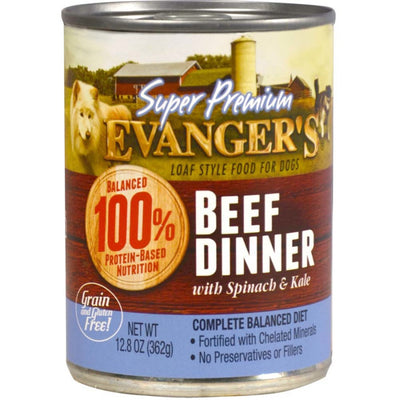 Beef Dinner canned dog food label with farm scene and 100% protein badge
