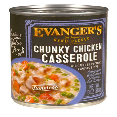 Evanger's Chunky Chicken Casserole can showing bowl photo with chicken, carrots and peas