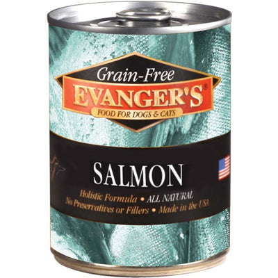 Tall Evanger's Grain-Free Salmon can with teal fish-scale patterned label