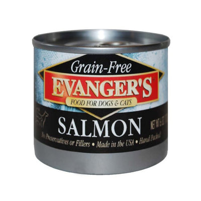 Short Evanger's Grain-Free Salmon can with light blue fish-scale patterned label
