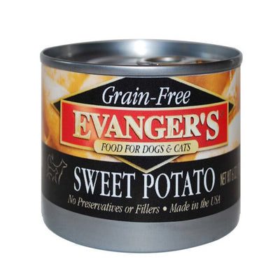 Evanger's Grain-Free Sweet Potato can with orange marbled label design