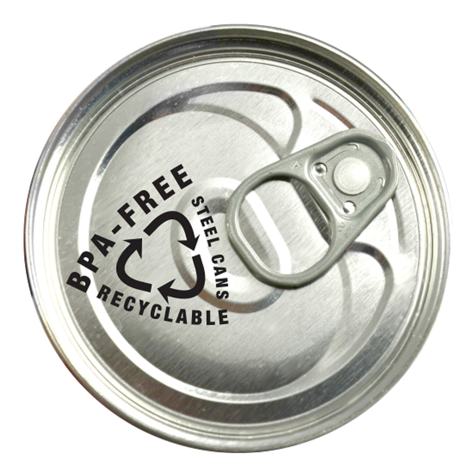 Beef Dinner cat food can lid showing pull-tab opener and recyclable steel can label