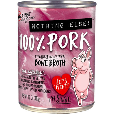 Can label showing 100% Pork wet dog food with cartoon pig