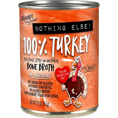 Can label showing 100% Turkey wet dog food with cartoon turkey