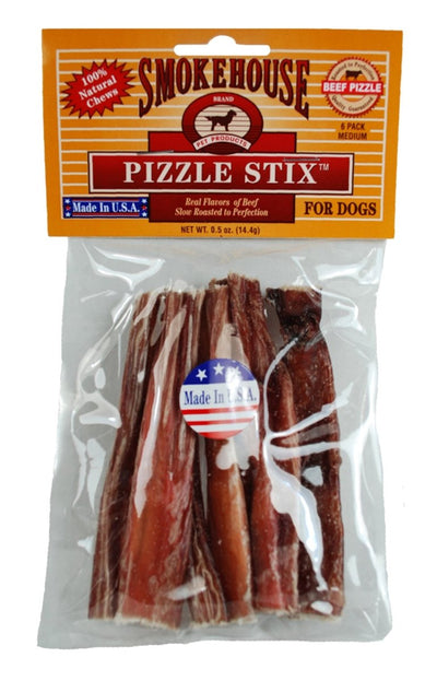 Smokehouse Pizzle Stix dog treats in clear packaging with an orange header, showing six brown, chewy sticks.