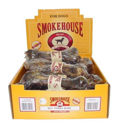 Display box of 12 individually wrapped Smokehouse Meaty Porky Bones for dogs.