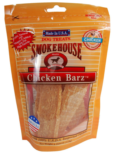 Orange pouch of Smokehouse Chicken Barz dog treats with a clear window showing the chicken strips inside.