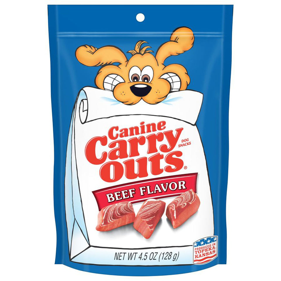 Beef flavor treat bag, 4.5 oz size, with meaty chunks and dog mascot