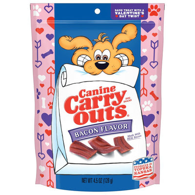 Bacon flavor treat bag with heart-print packaging and three bacon strips shown