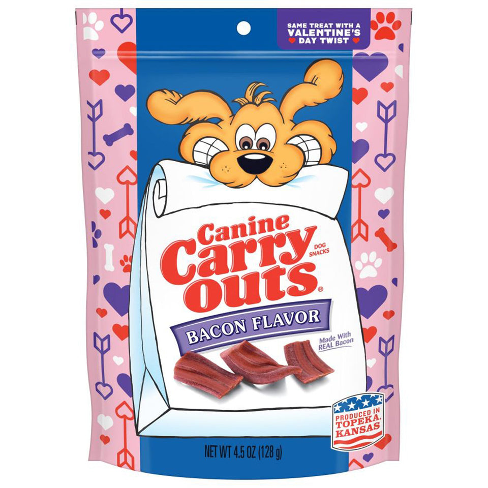 Bacon flavor treat bag with heart-print packaging and three bacon strips shown