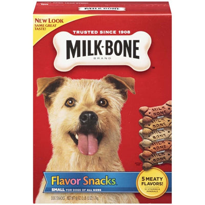 Milk-Bone Flavor Snacks box front with dog, new-look banner, five flavor biscuits