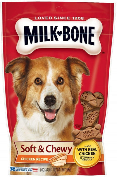Milk-Bone Soft and Chewy bag front with dog and actual-size chewy bone treat