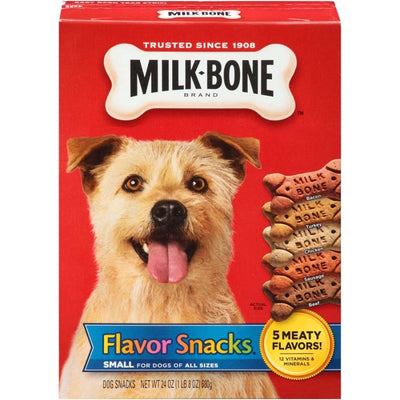 Milk-Bone Flavor Snacks box front with dog and five meaty flavor biscuits
