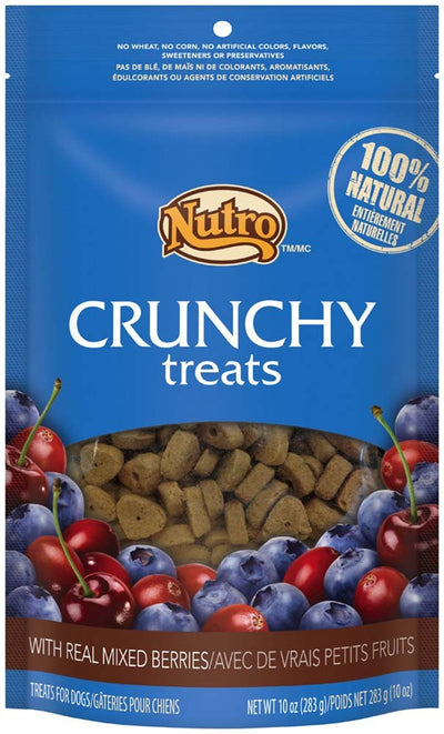 Blue bag of Nutro Crunchy Treats for dogs with real mixed berries, showing treats through a clear window.