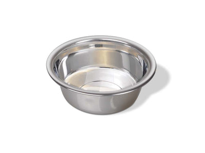 A single, empty, shiny silver stainless steel pet bowl is shown from a slightly elevated angle on a white background.