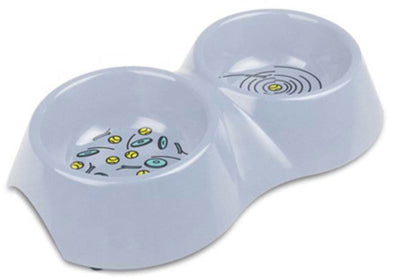 Light blue double pet bowl with a yellow and teal pattern in one dish and a target-like design in the other.