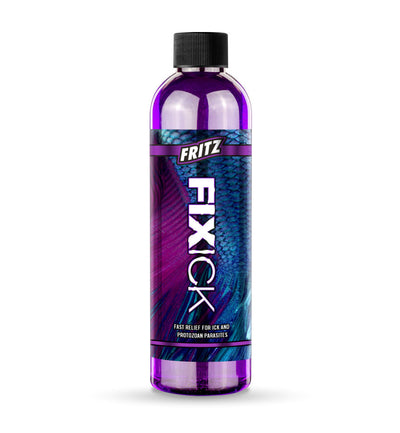Purple bottle with teal fish scale graphic and black cap for FixIck Fish Treatment