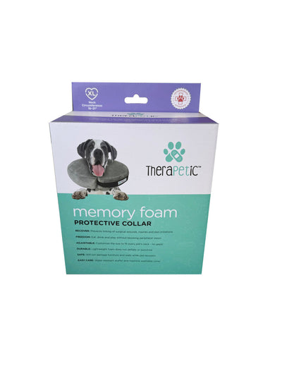 Product box showing a dog wearing the gray foam collar, XL size chart