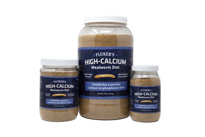 Three jar sizes of High-Calcium Mealworm Diet powder shown side by side