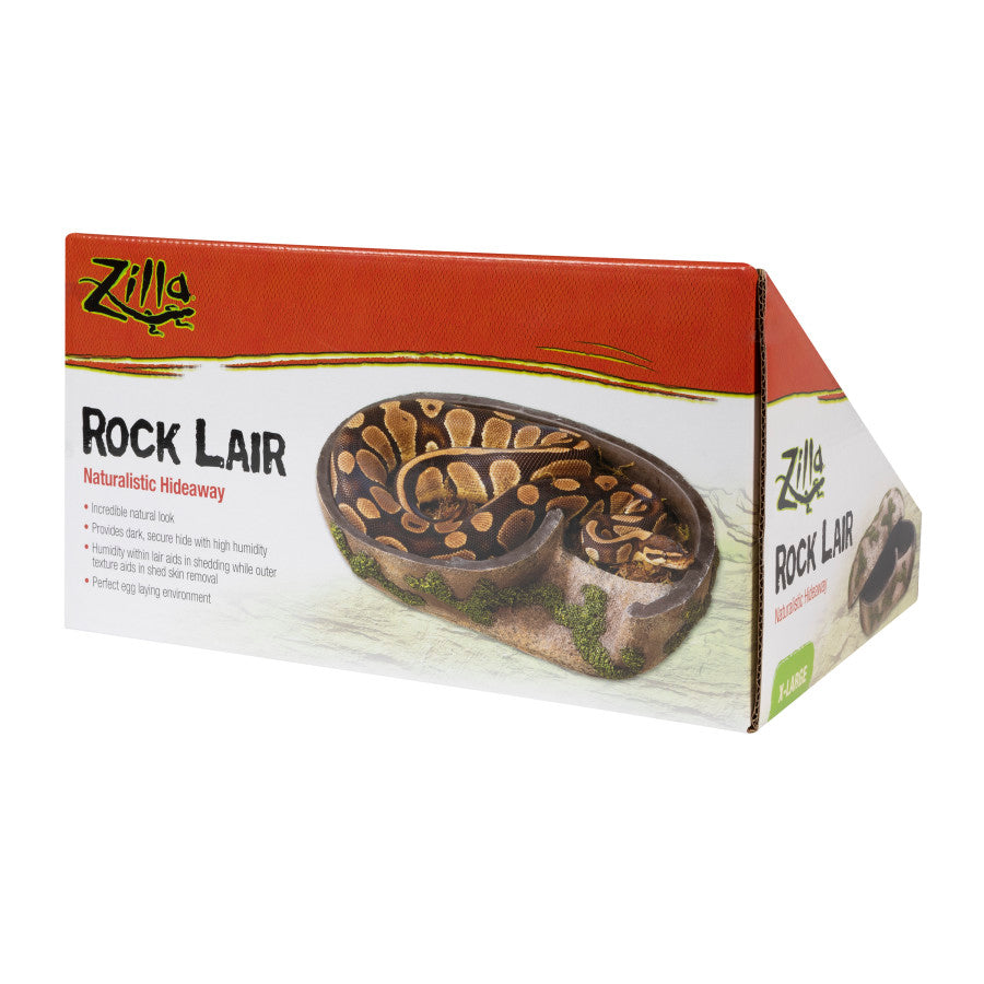 Zilla Rock Lair X-Large packaging shows a ball python curled in a naturalistic hideaway.