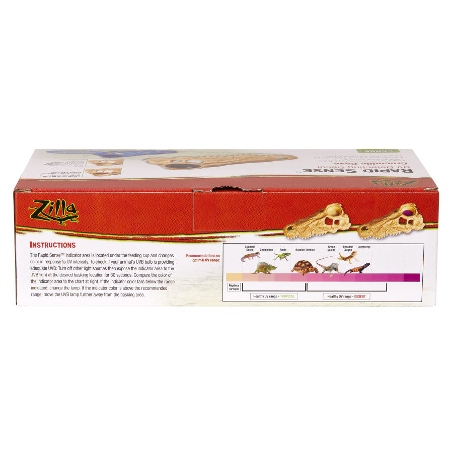 Bottom of Zilla Rapid Sense UV-Detecting Decor box with instructions, UV chart, and two crocodile skulls.