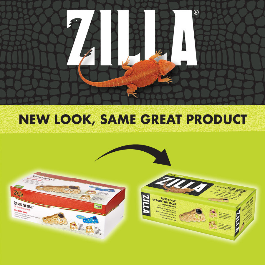 Zilla ad shows a bearded dragon above "NEW LOOK, SAME GREAT PRODUCT" with old (red box) and new (green box) packaging for a c