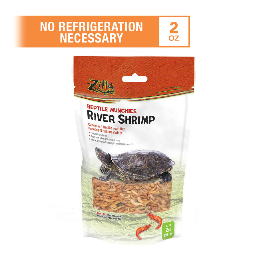 Zilla River Shrimp reptile food in a white and orange pouch with a turtle and shrimp visible.