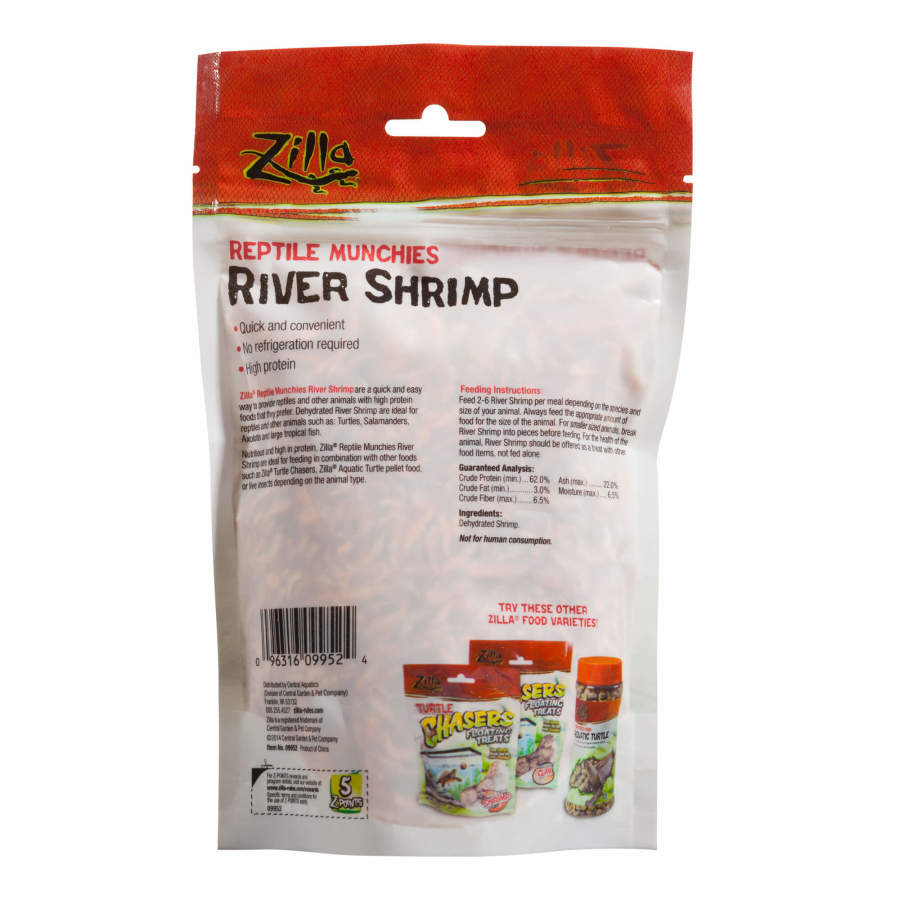 White pouch of Zilla Reptile Munchies River Shrimp, with product info and other Zilla food varieties visible.