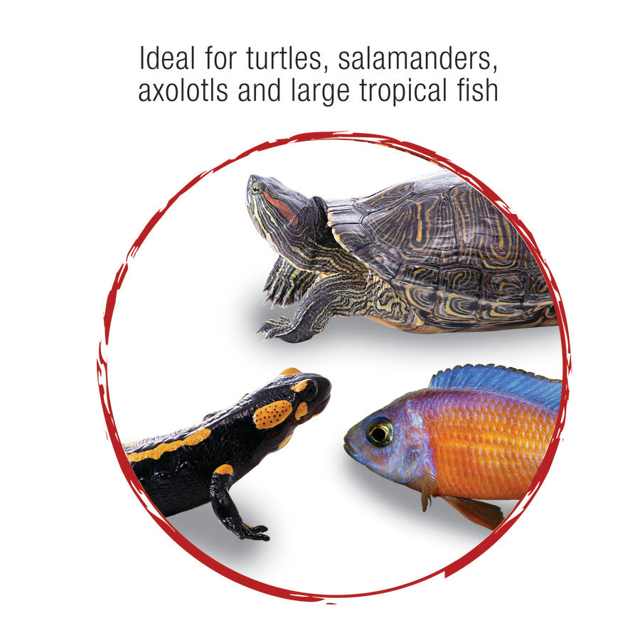 Red-eared slider turtle, fire salamander, and orange-blue fish in a red circle, with text "Ideal for turtles, salamanders, ax