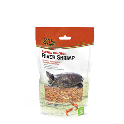 Zilla River Shrimp reptile food in a white and orange pouch with a turtle and shrimp visible.