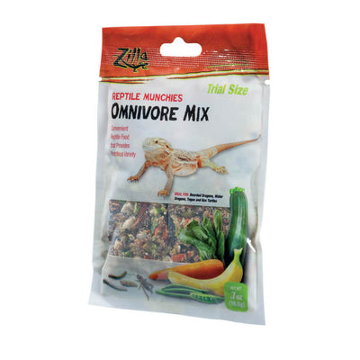 Zilla Reptile Munchies Omnivore Mix .7 oz bag with a bearded dragon, food mix, and fresh produce.