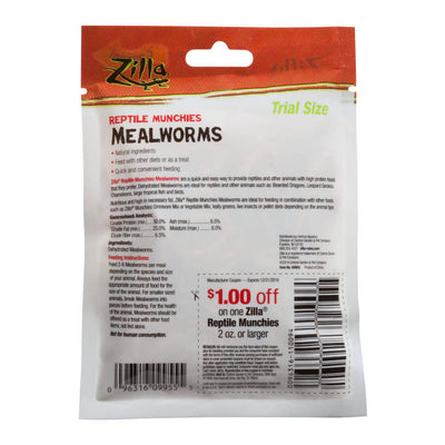 Trial-size bag of Zilla Reptile Munchies Mealworms, showing product details, feeding instructions, and a coupon.
