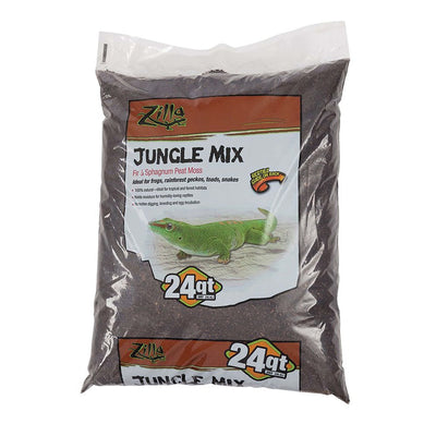 Zilla Jungle Mix 24 qt bag of dark brown substrate with a green gecko on the label.