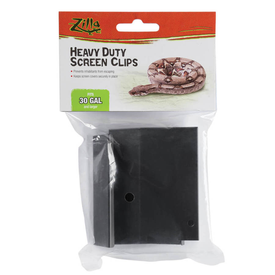 Zilla Heavy Duty Screen Clips in clear packaging with a snake graphic, showing black clips for 30 gal and larger tanks.