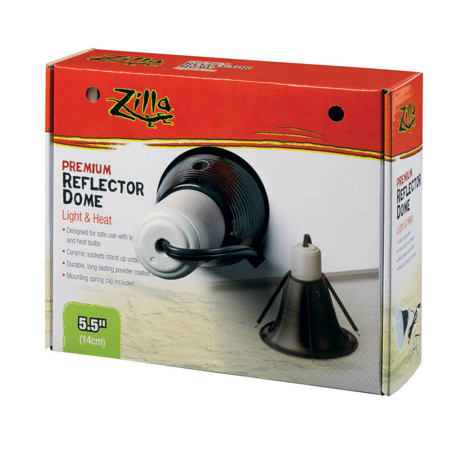 Zilla Premium Reflector Dome (5.5 in) in packaging, showing the black dome with a white ceramic socket.
