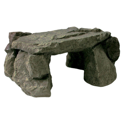 Dark gray, textured shale rock den for reptiles, with a flat top and two open ends, on a white background.