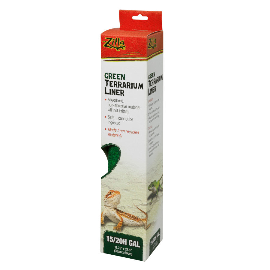 Zilla Green Terrarium Liner for 15/20H gal tanks, showing the front of the box with a bearded dragon and product features.