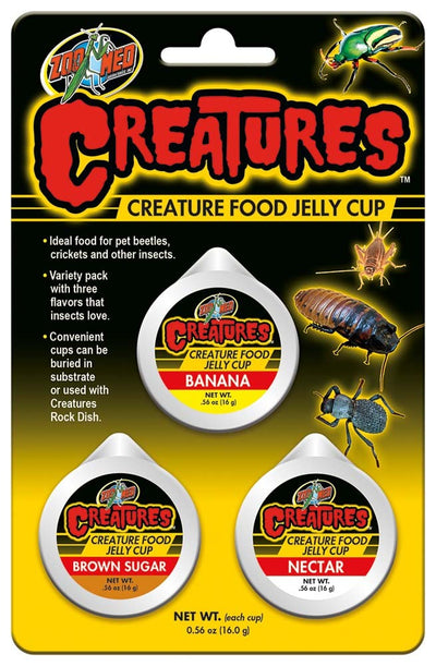 Three Zoo Med Creatures Food Jelly Cups (Banana, Brown Sugar, Nectar) in a black and yellow package with insect illustrations