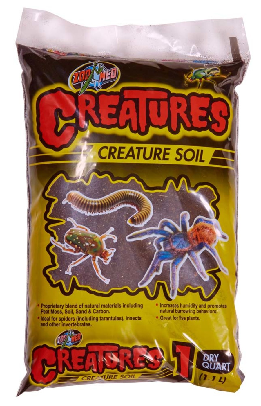 Black bag of Zoo Med Creature Soil with illustrations of a millipede, beetle, and tarantula on a yellow background.