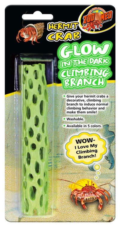 Packaged glow-in-the-dark green climbing branch for hermit crabs, with a hermit crab illustration.
