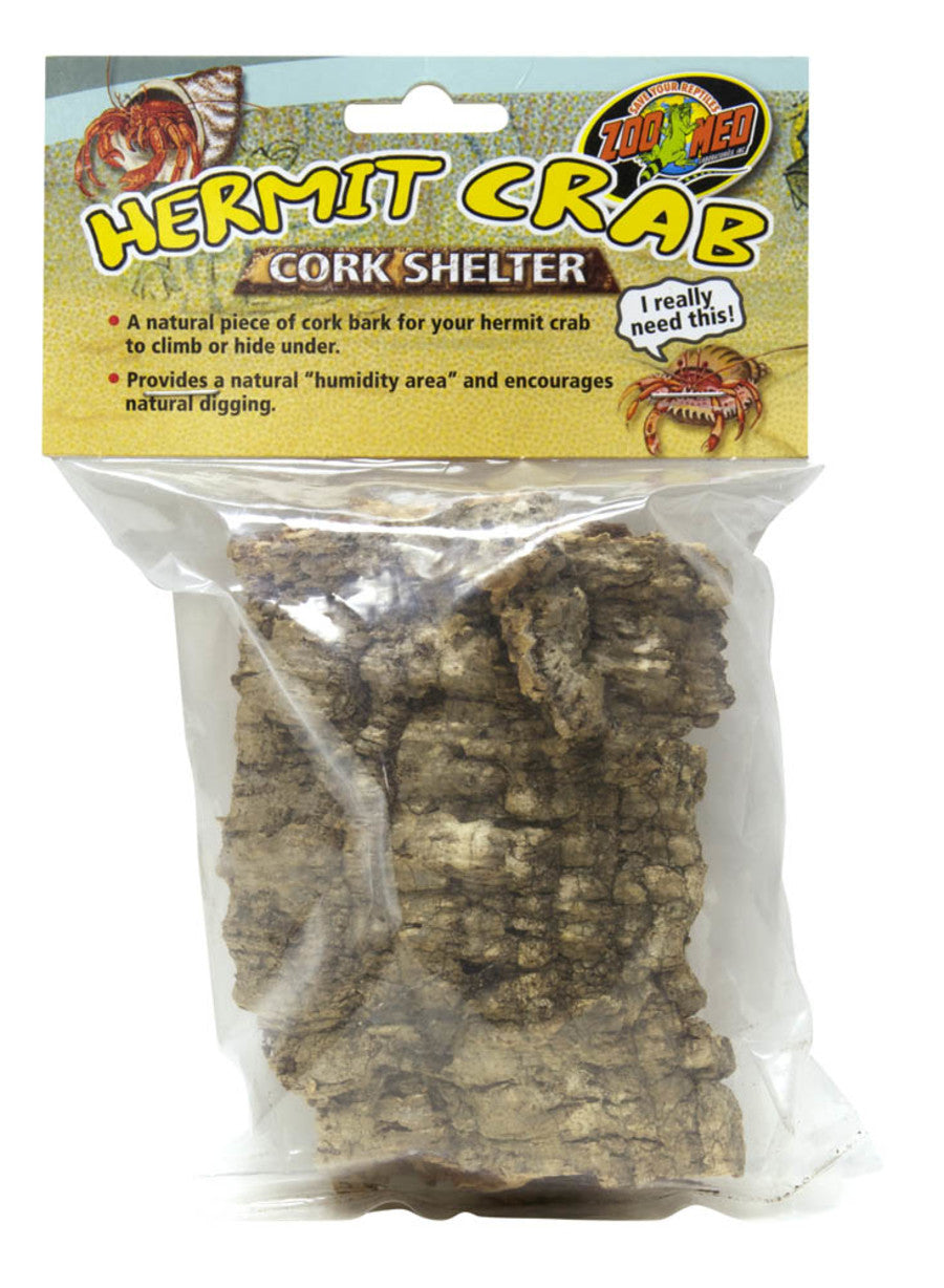 Hermit crab cork shelter in clear packaging, showing natural brown bark texture.