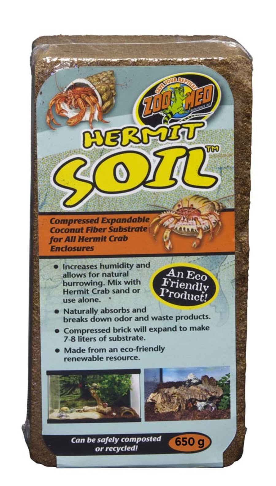 Front view of Zoo Med Hermit Soil, a compressed coconut fiber brick in clear plastic packaging with a colorful label.