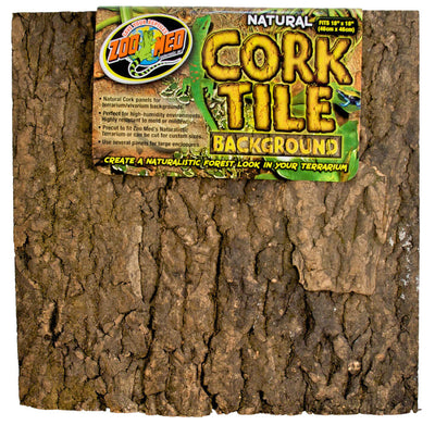 Brown, textured cork tile with a green and yellow Zoo Med label featuring a gecko and product details.