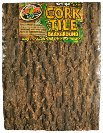 Brown cork tile background with bark texture, in clear plastic packaging, with Zoo Med branding.