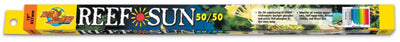 Zoo Med Reef Sun 50/50 T8 lamp in yellow and orange packaging with product details and a fish tank scene.