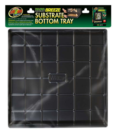 Black plastic substrate bottom tray for reptile terrariums, shown in packaging with product details and a small inset image.