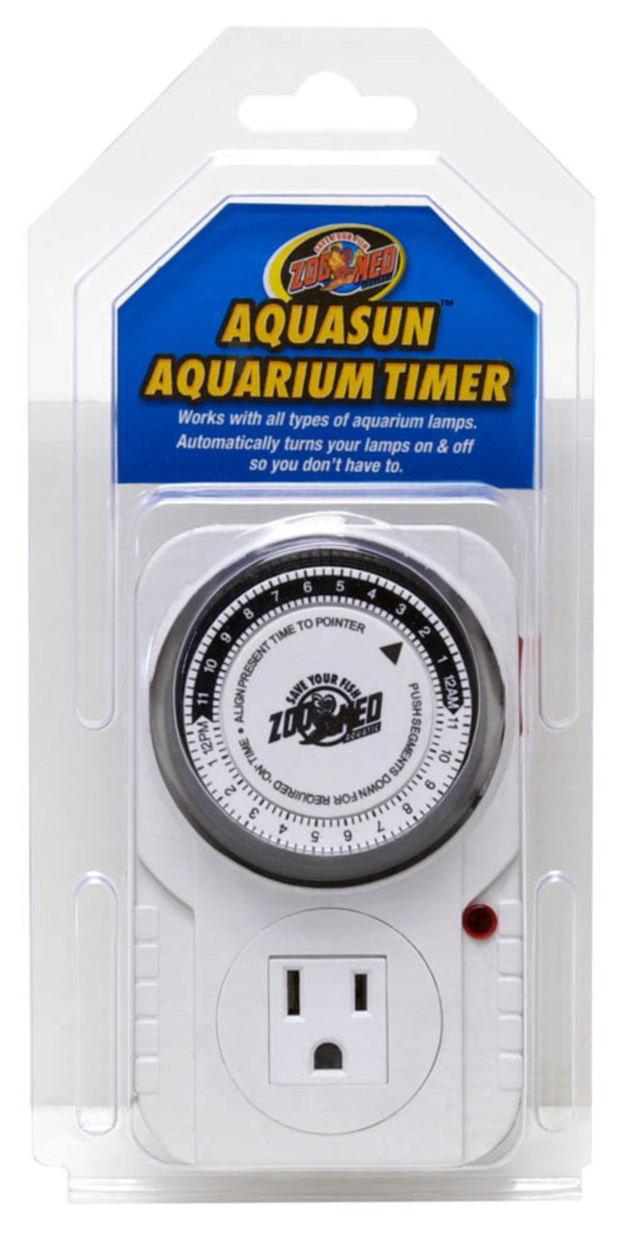 White Zoo Med AquaSun 24-hour aquarium timer in clear plastic packaging, showing the dial and outlet.