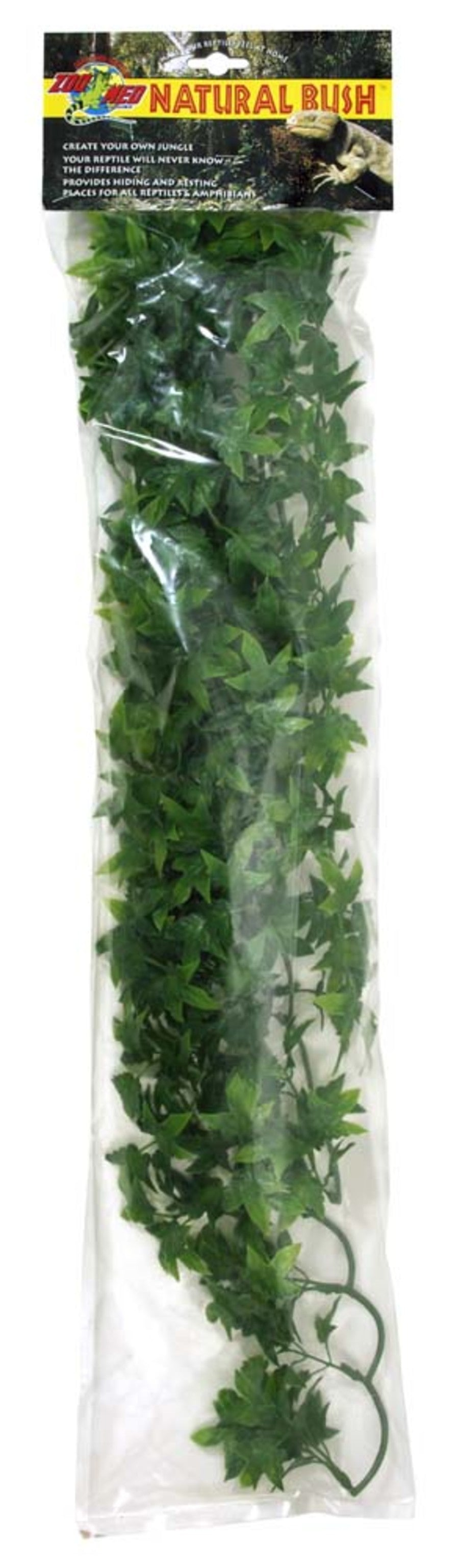 Green artificial ivy plants in clear plastic packaging with a Zoo Med Natural Bush label.