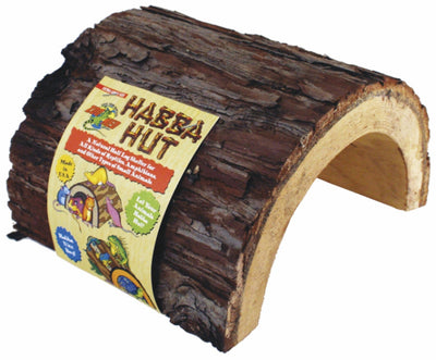 X-Large Zoo Med Habba Hut, a half-log hideaway with bark texture, shown with its yellow product label.